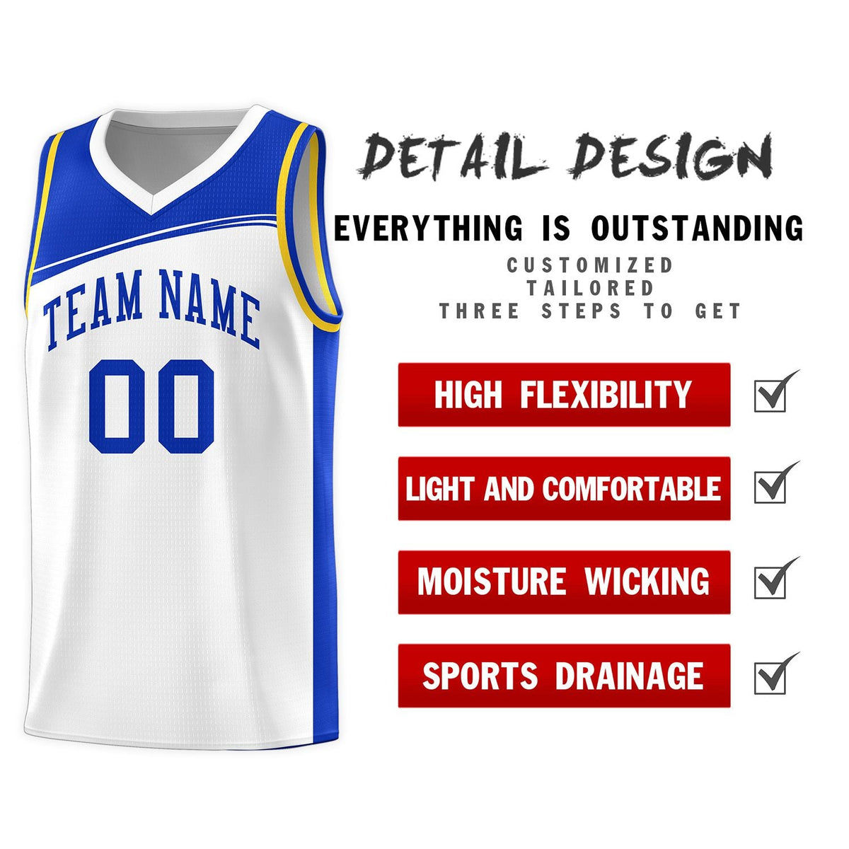 Custom White Royal Color Block Sports Uniform Basketball Jersey