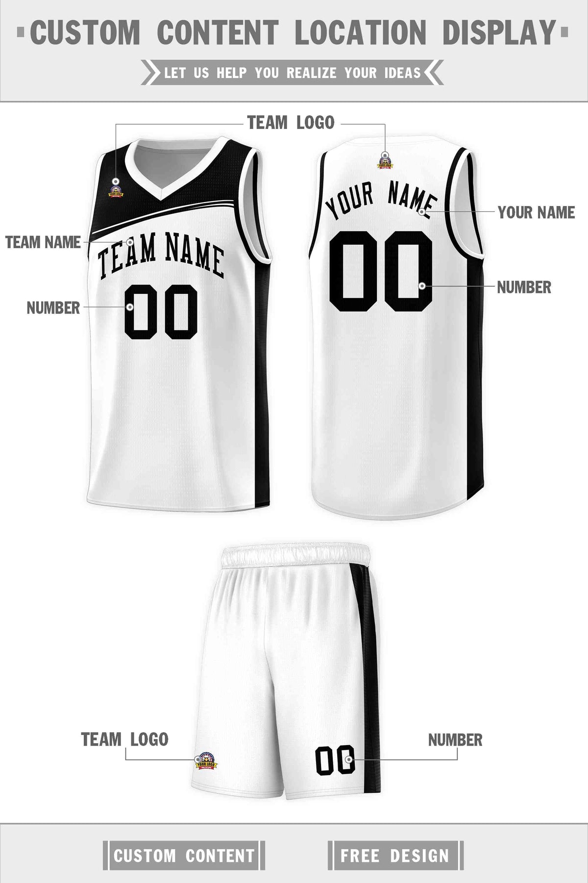 Custom White Black Color Block Sports Uniform Basketball Jersey