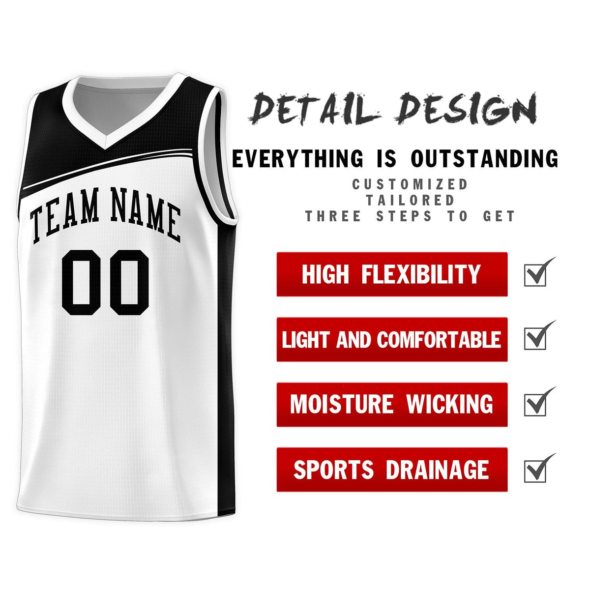 Custom White Black Color Block Sports Uniform Basketball Jersey