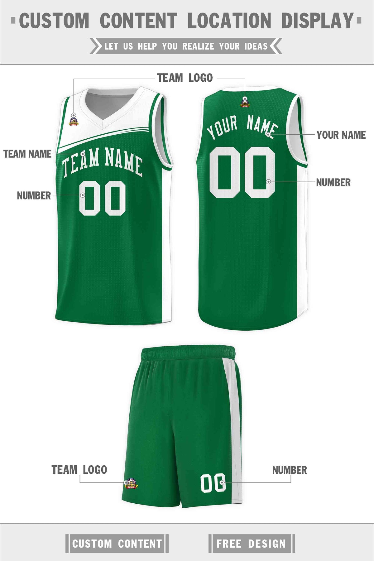 Custom Kelly Green White Color Block Sports Uniform Basketball Jersey