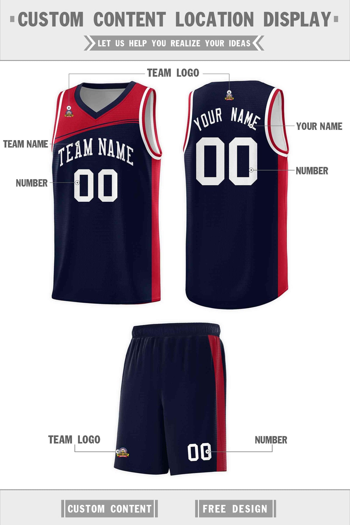 Custom Navy Red-White Color Block Sports Uniform Basketball Jersey