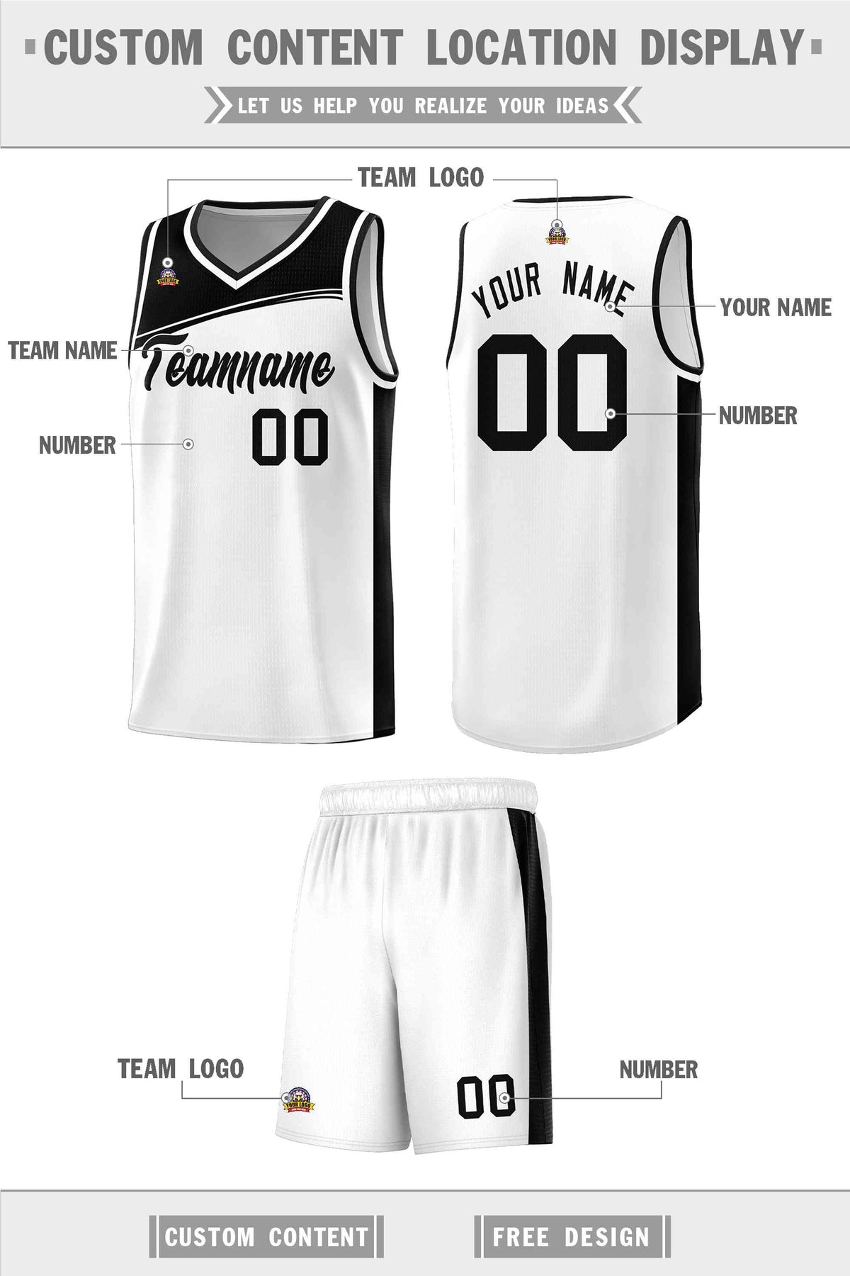 Custom White Black Color Block Sports Uniform Basketball Jersey
