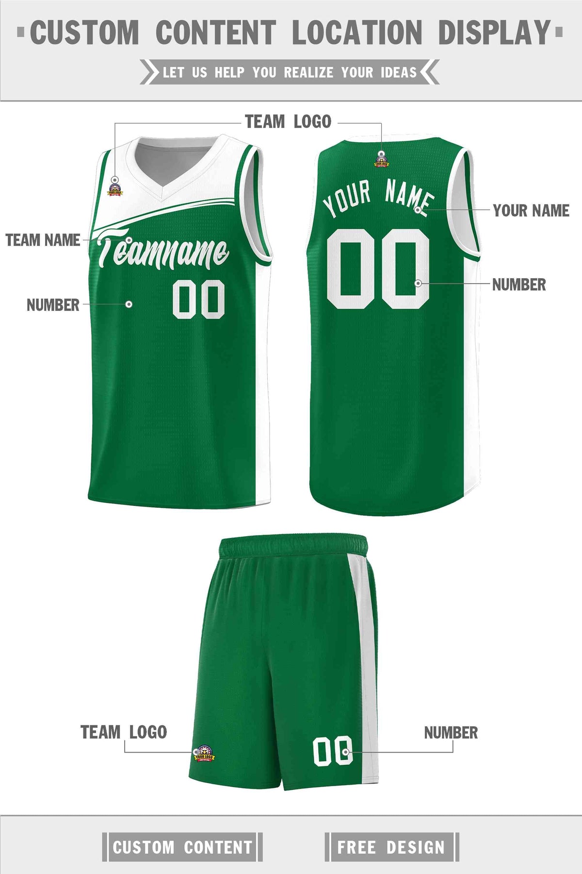 Custom Kelly Green White Color Block Sports Uniform Basketball Jersey