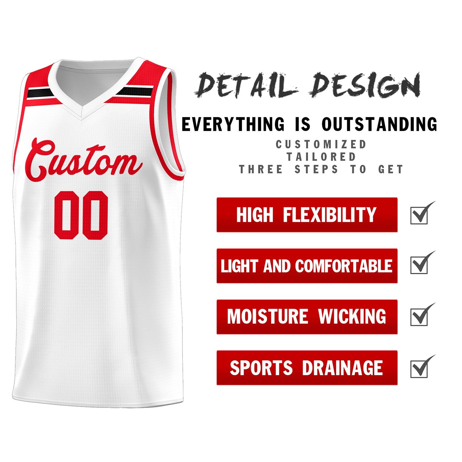 Custom White Red-Black Classic Sports Uniform Basketball Jersey
