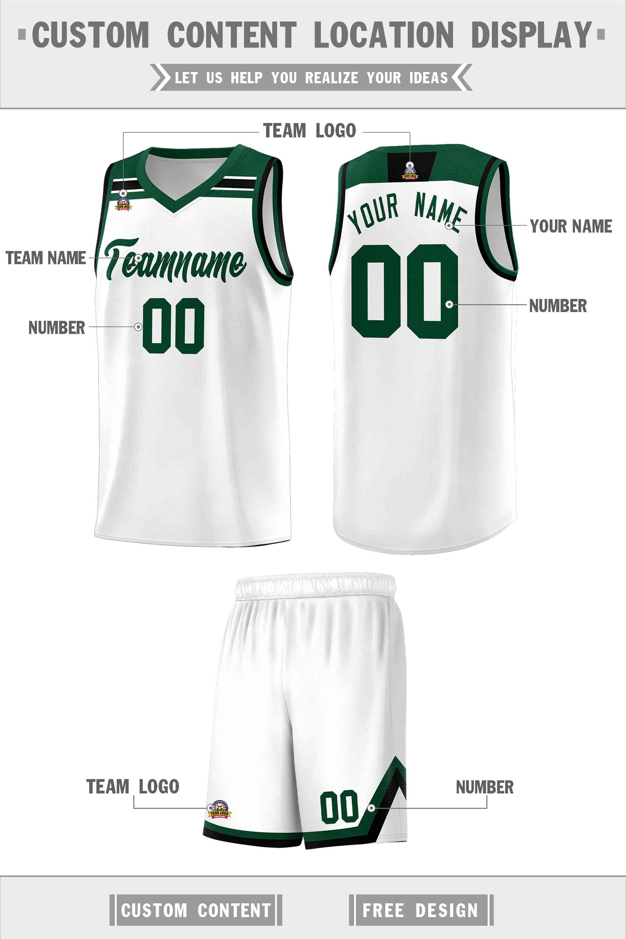 Custom White Green-White Classic Sports Uniform Basketball Jersey