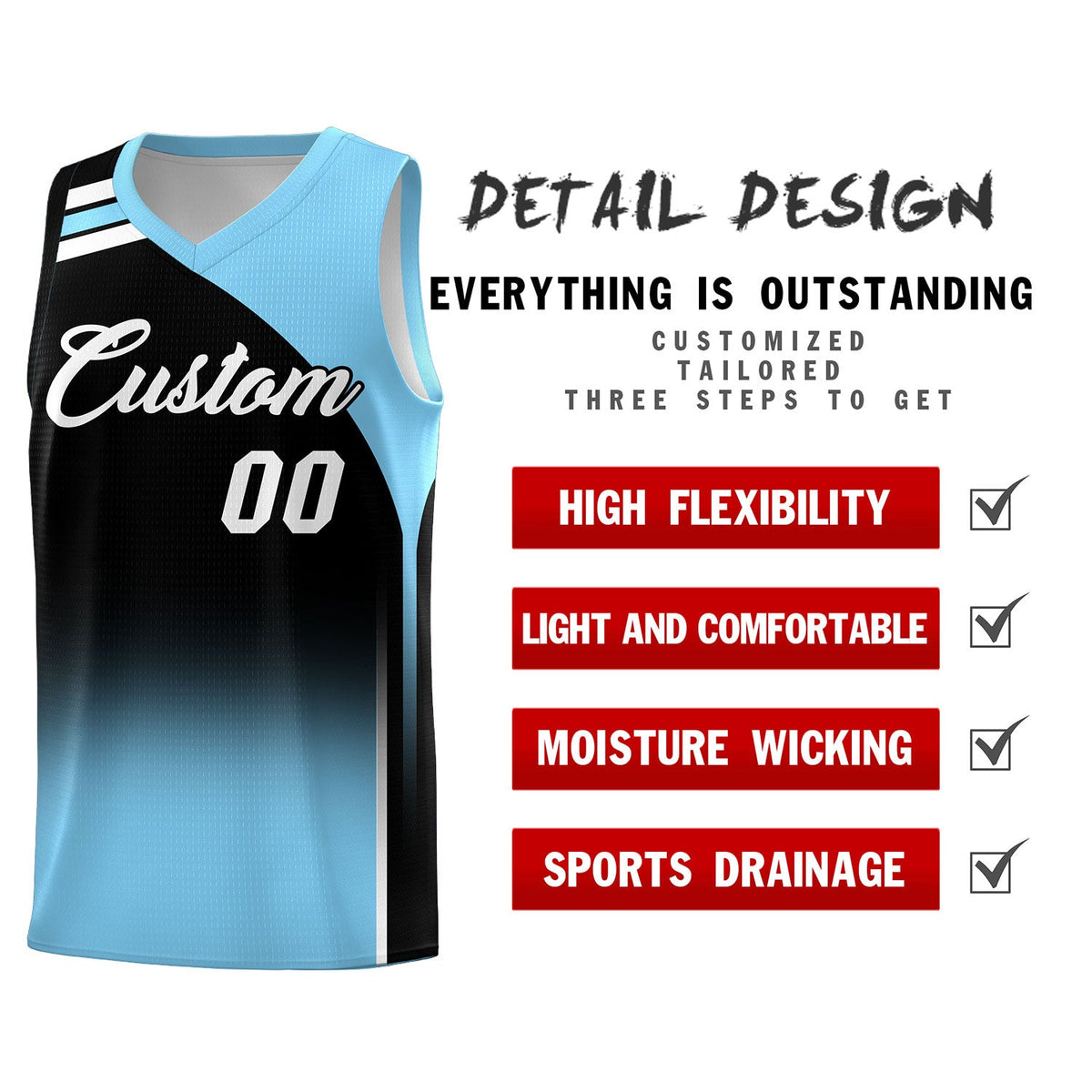 Custom Black Light Blue Gradient Fashion Sets Sports Uniform Basketball Jersey
