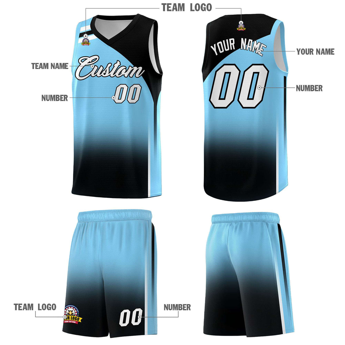 Custom Light Blue Black Gradient Fashion Sets Sports Uniform Basketball Jersey