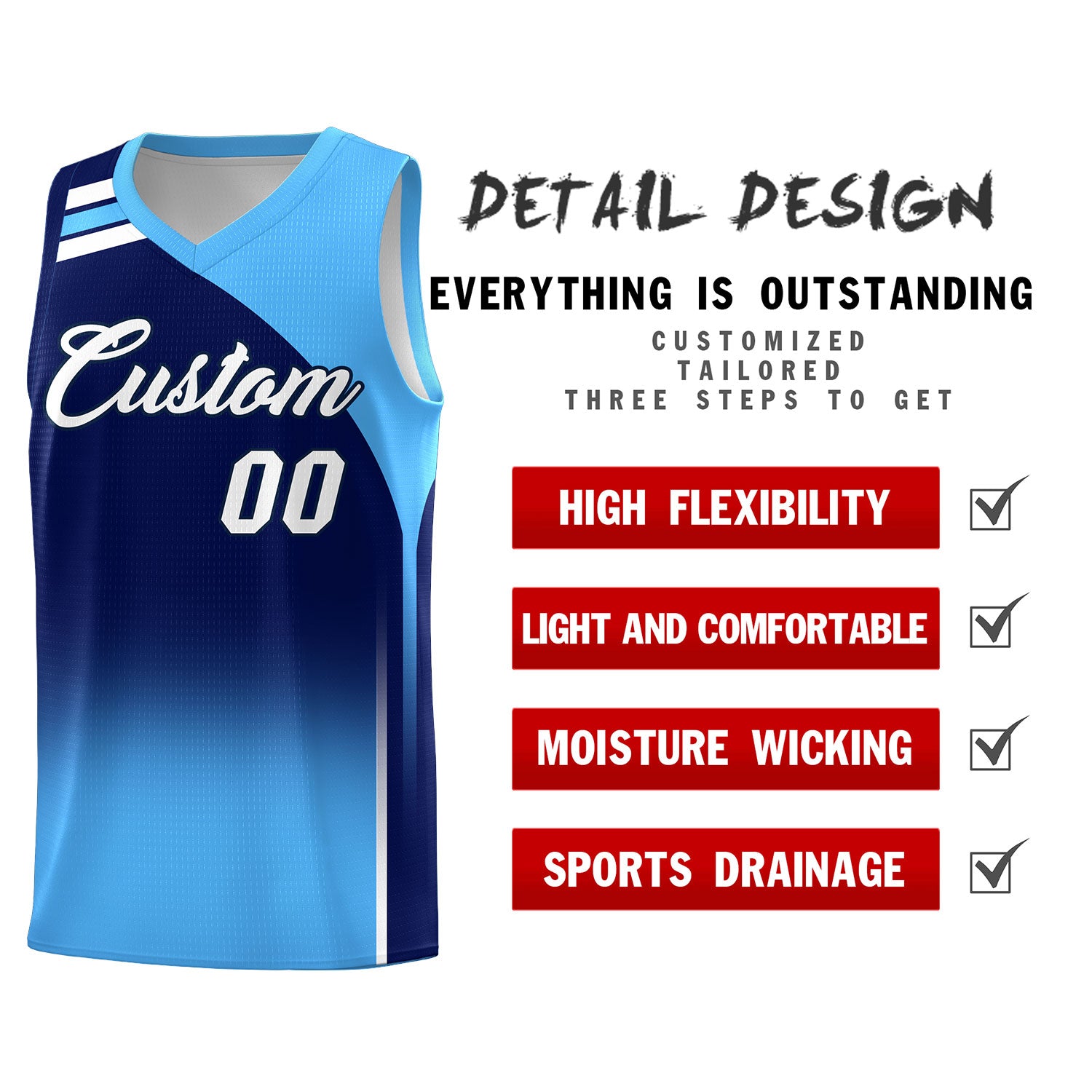 Custom Navy Powder Blue Gradient Fashion Sets Sports Uniform Basketball Jersey
