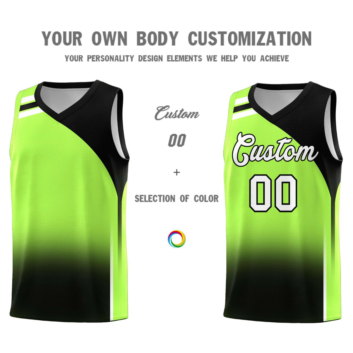 Custom Fluorescent Green Black Gradient Fashion Sets Sports Uniform Basketball Jersey