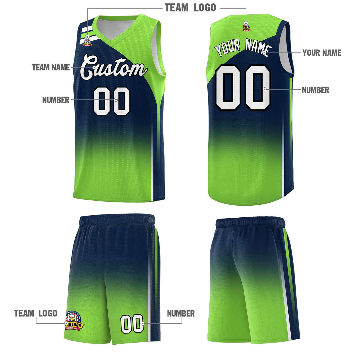 Custom Navy Fluorescent Green Gradient Fashion Sets Sports Uniform Basketball Jersey