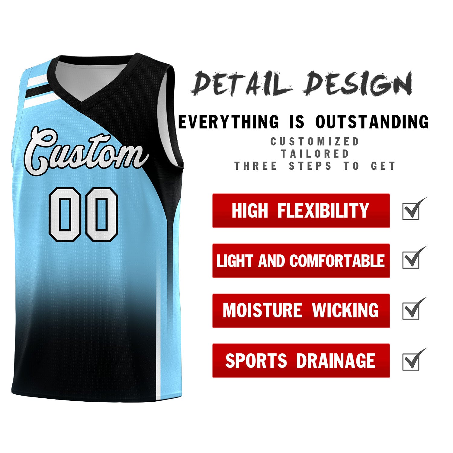 Custom Light Blue Black Gradient Fashion Sets Sports Uniform Basketball Jersey