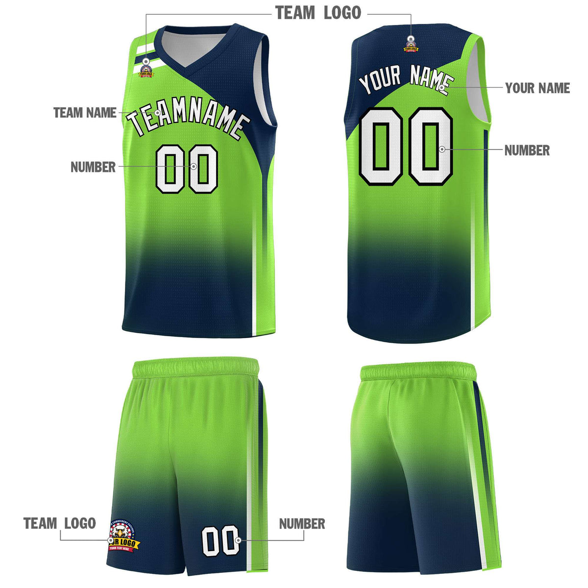 Custom Fluorescent Green Navy Gradient Fashion Sets Sports Uniform Basketball Jersey