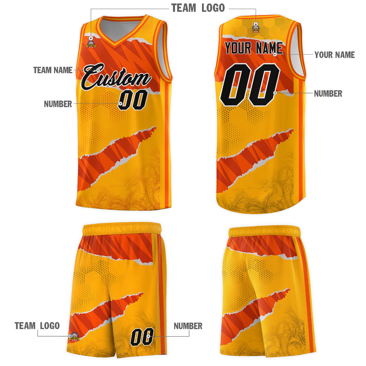 Custom Yellow Orange-Black Tear Graffiti Pattern Sports Uniform Basketball Jersey