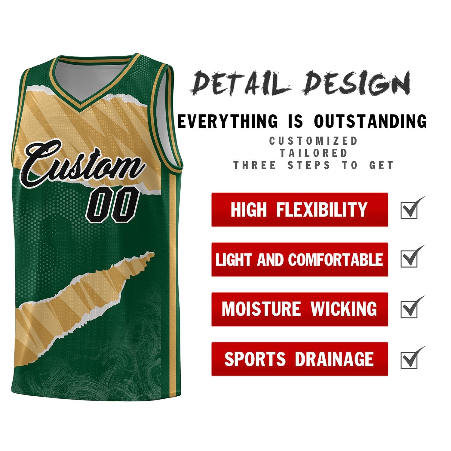 Custom Hunter Green Old Gold-Old Gold Tear Graffiti Pattern Sports Uniform Basketball Jersey