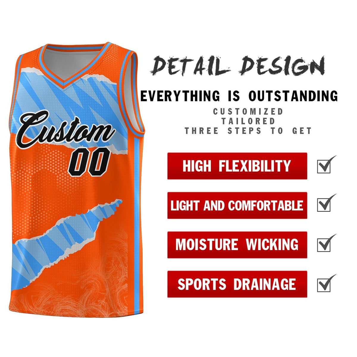 Custom Orange Light Blue-White Tear Graffiti Pattern Sports Uniform Basketball Jersey
