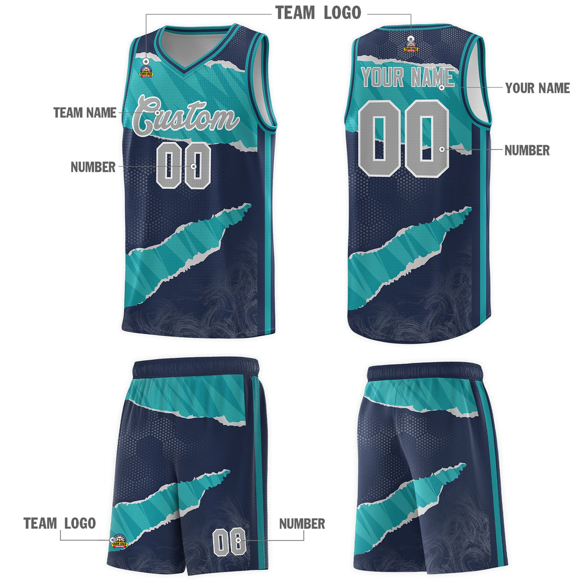 Custom Midnight Blue Aqua-Aqua Tear Graffiti Pattern Sports Uniform Basketball Jersey