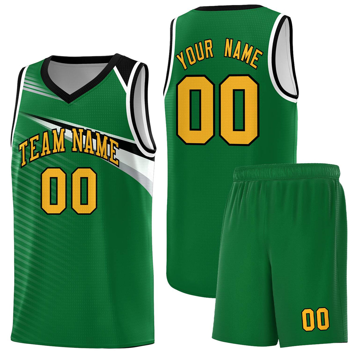 Custom Kelly Green Gold-Black Chest Color Block Sports Uniform Basketball Jersey