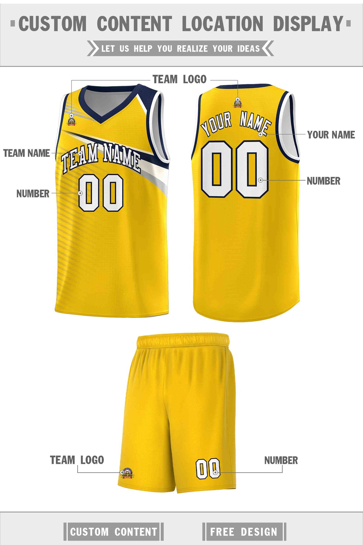 Custom Yellow White-Navy Chest Color Block Sports Uniform Basketball Jersey