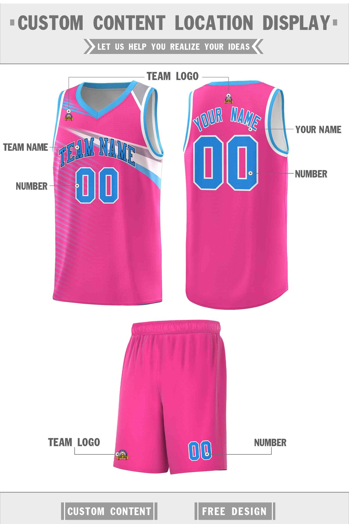 Custom Pink Powder Blue-Navy Chest Color Block Sports Uniform Basketball Jersey