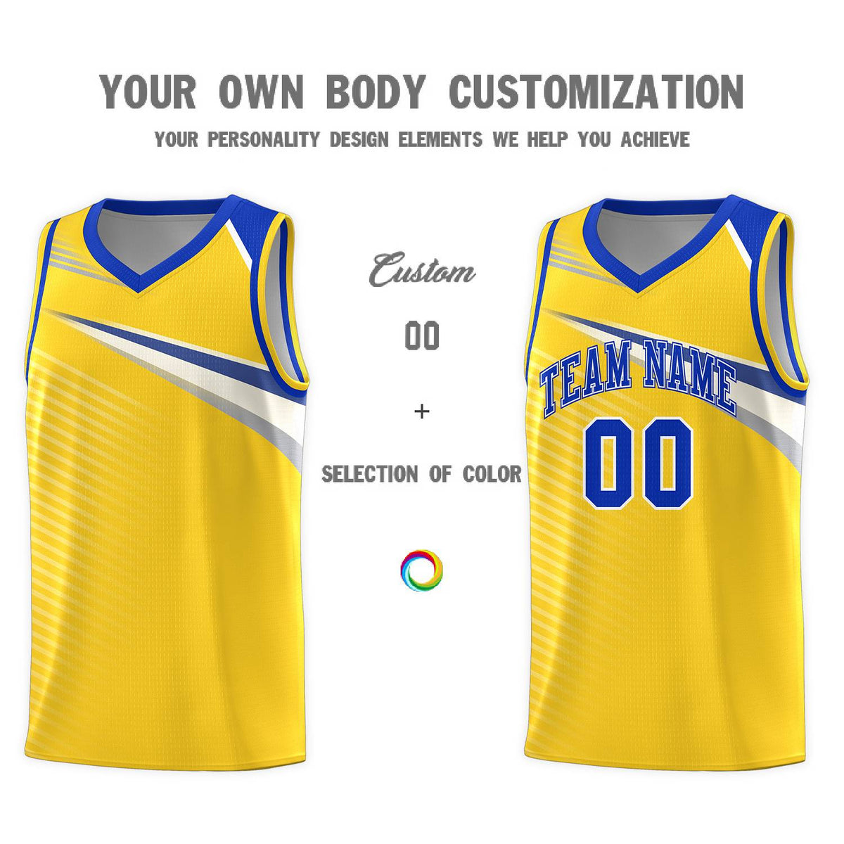 Custom Gold Royal-White Chest Color Block Sports Uniform Basketball Jersey