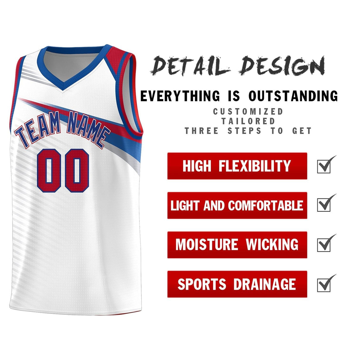 Custom White Royal Chest Color Block Sports Uniform Basketball Jersey
