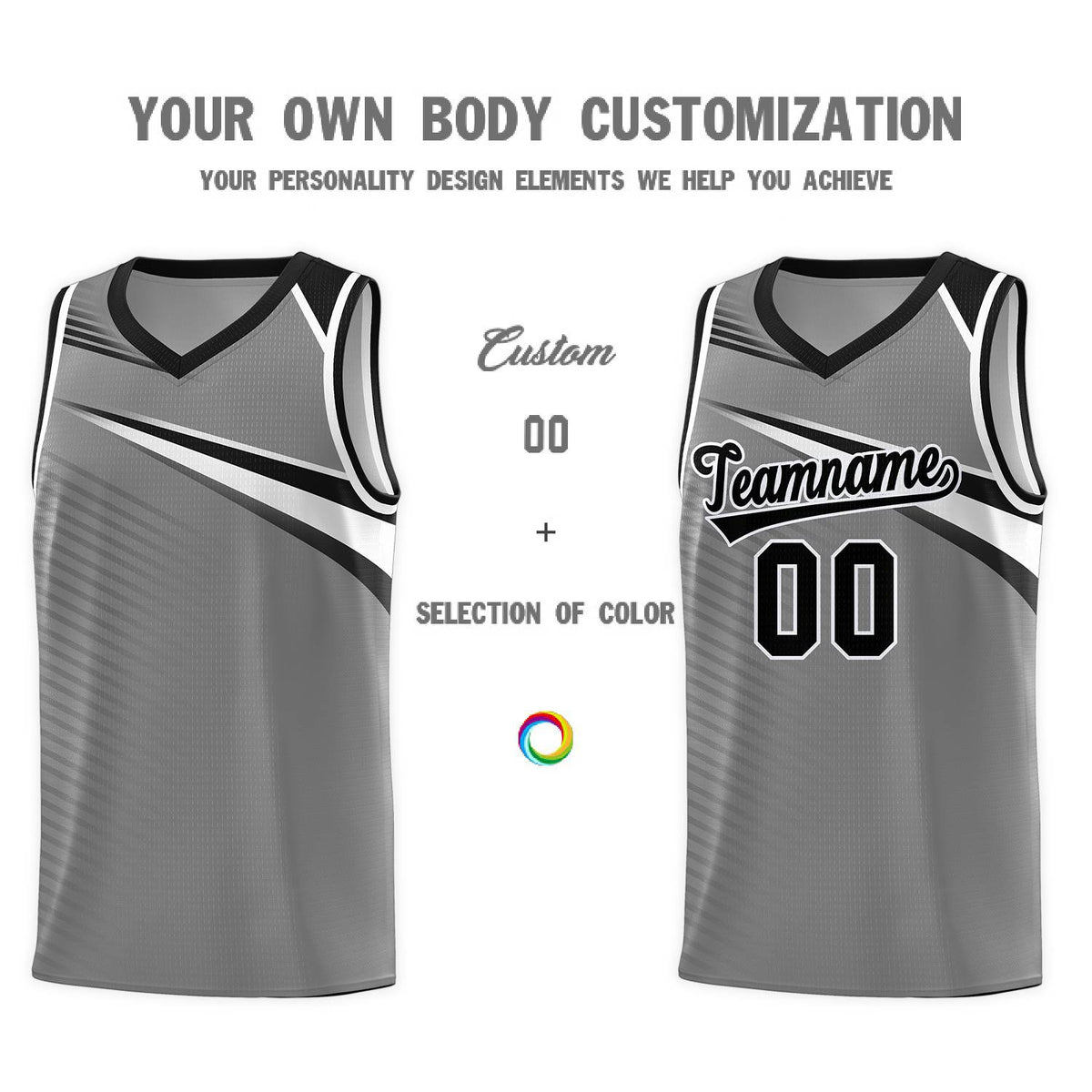 Custom Dark Gray Black-White Chest Color Block Sports Uniform Basketball Jersey