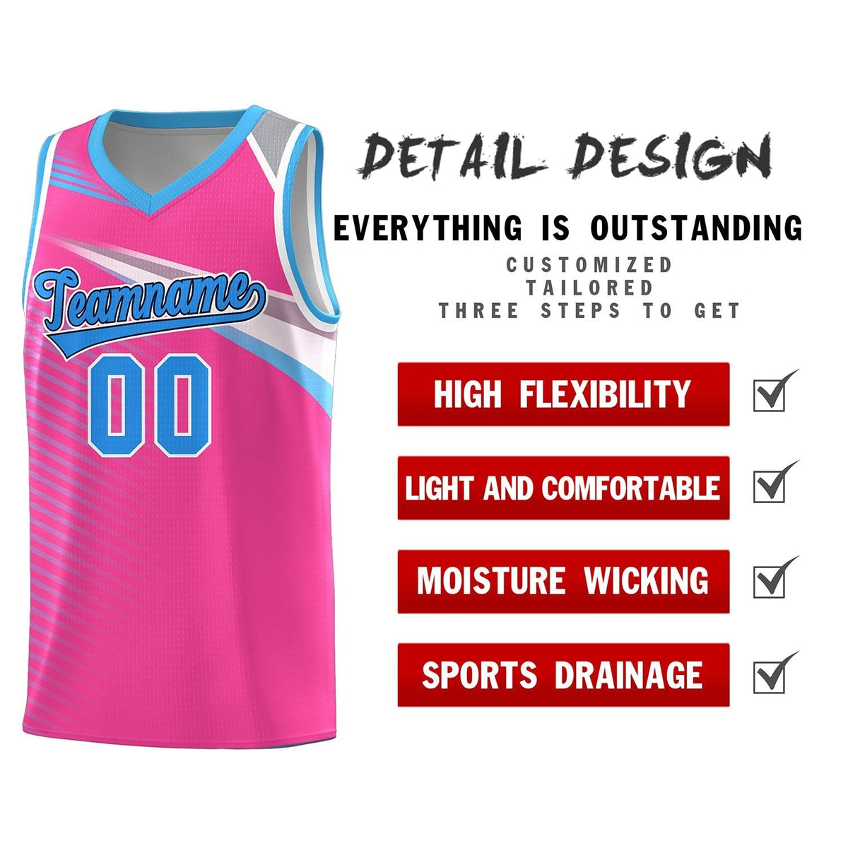Custom Pink Powder Blue-Navy Chest Color Block Sports Uniform Basketball Jersey