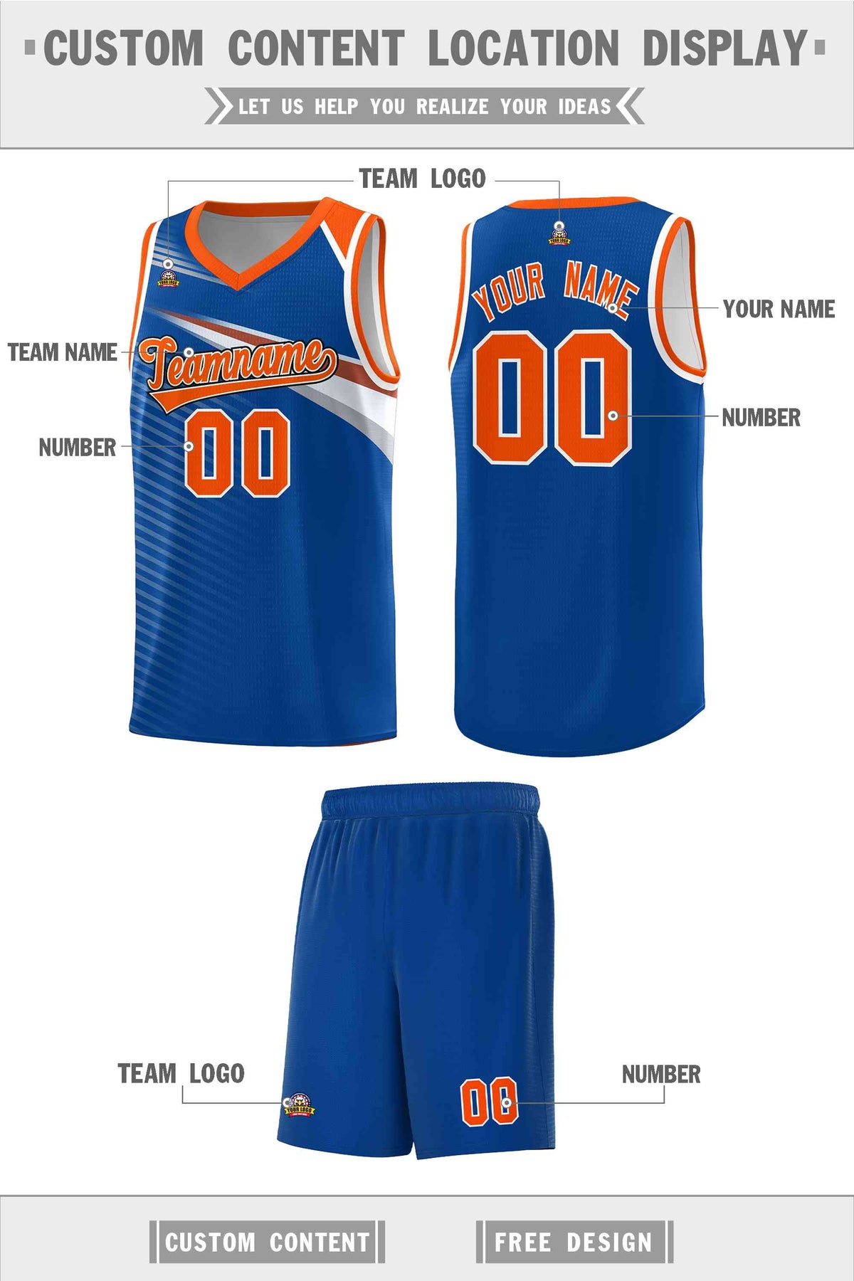 Custom Royal Orange-White Chest Color Block Sports Uniform Basketball Jersey