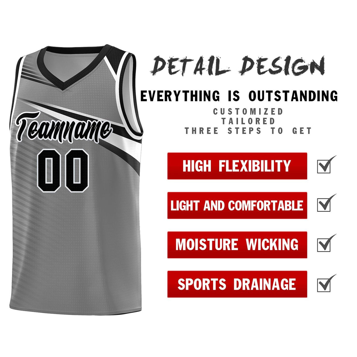 Custom Dark Gray Black-White Chest Color Block Sports Uniform Basketball Jersey