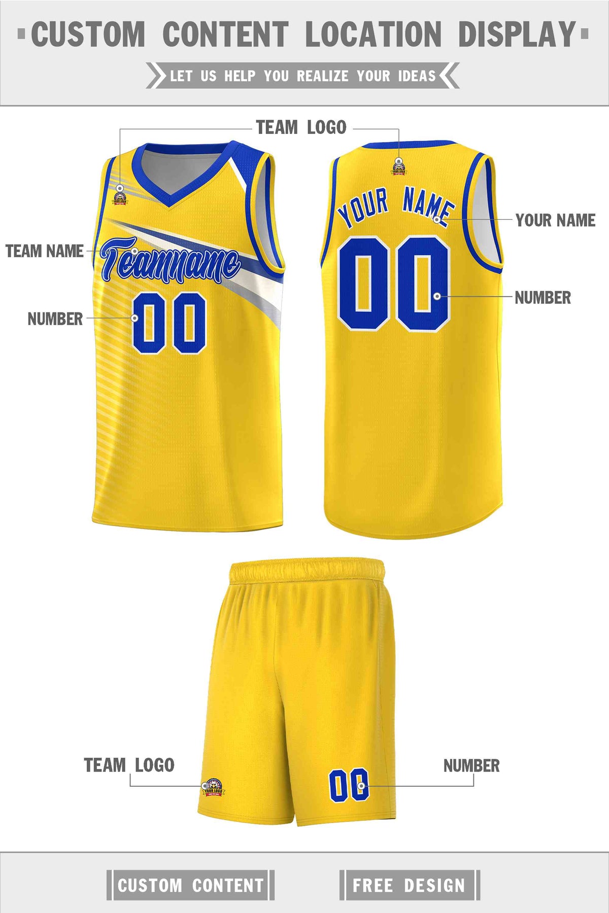 Custom Gold Royal-White Chest Color Block Sports Uniform Basketball Jersey