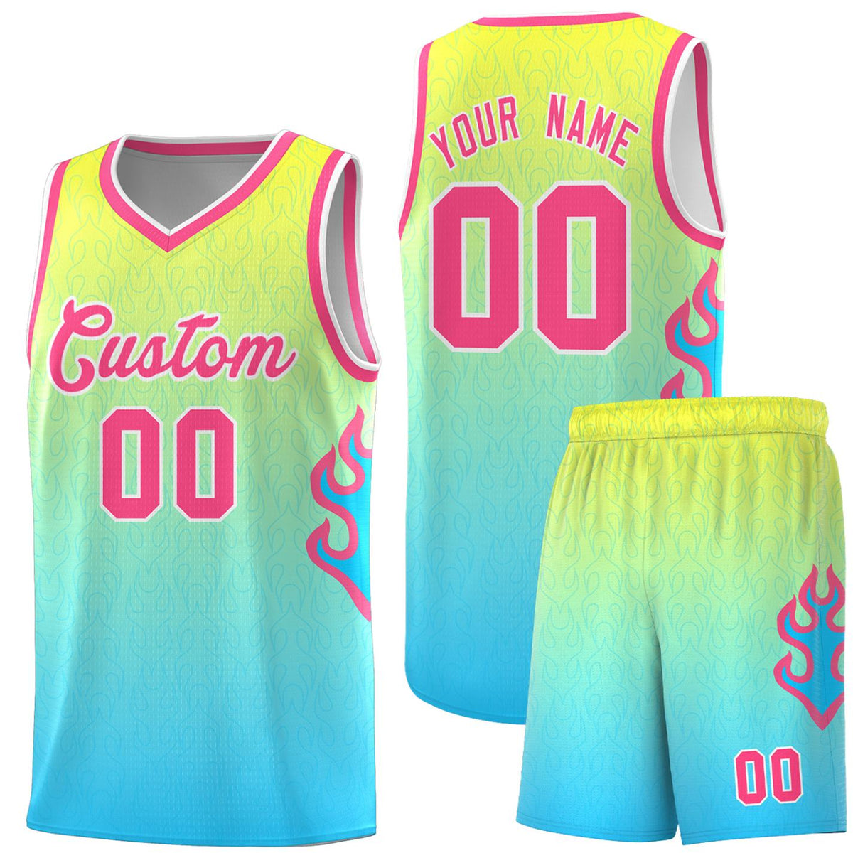 Custom Gold Light Blue-Pink Flame Gradient Fashion Sports Uniform Basketball Jersey |KXKSHOP