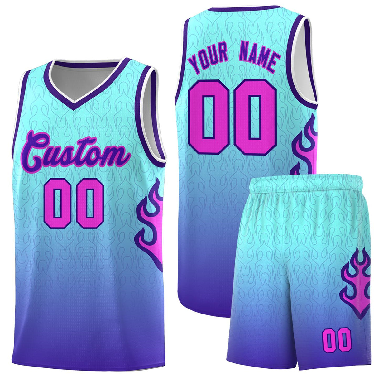 Custom Light Blue Purple-White Flame Gradient Fashion Sports Uniform Basketball Jersey |KXKSHOP