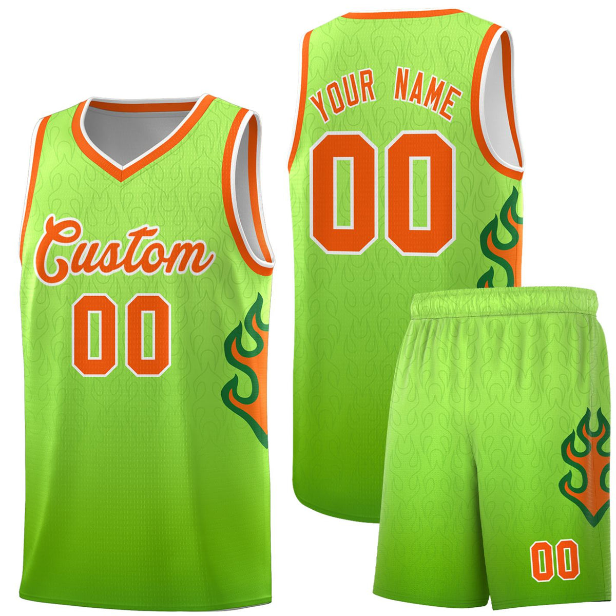 Custom Green Neon Green-Orange Flame Gradient Fashion Sports Uniform Basketball Jersey |KXKSHOP