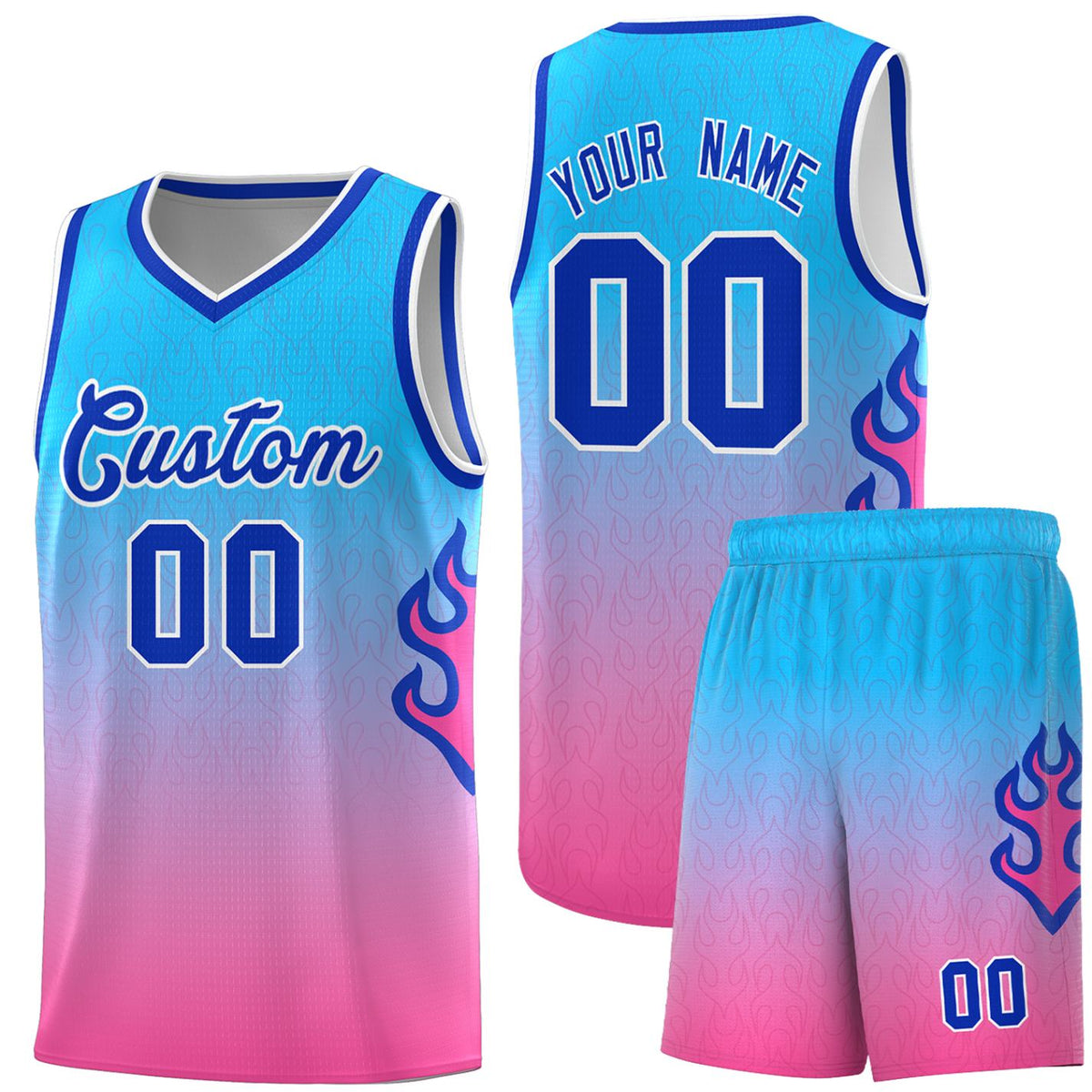 Custom Powder Blue Pink-Royal Flame Gradient Fashion Sports Uniform Basketball Jersey |KXKSHOP