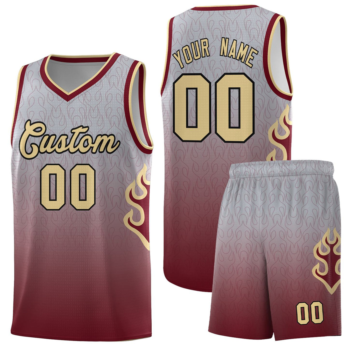 Custom Gray Crimson-Khaki Flame Gradient Fashion Sports Uniform Basketball Jersey |KXKSHOP
