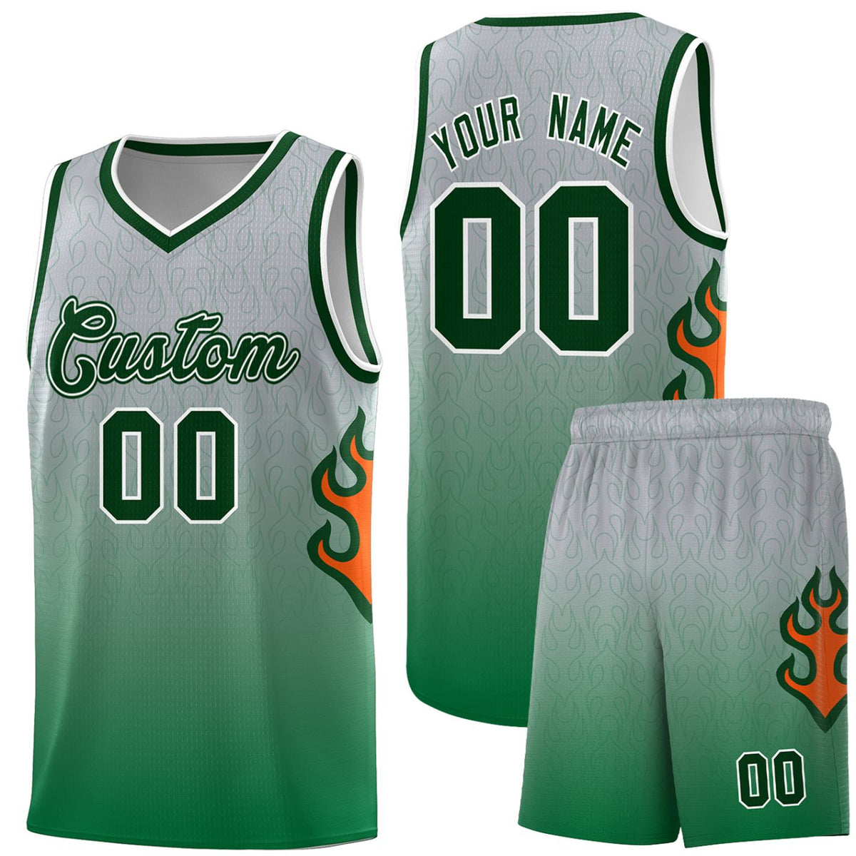 Custom Gray Kelly Green-Green Flame Gradient Fashion Sports Uniform Basketball Jersey |KXKSHOP