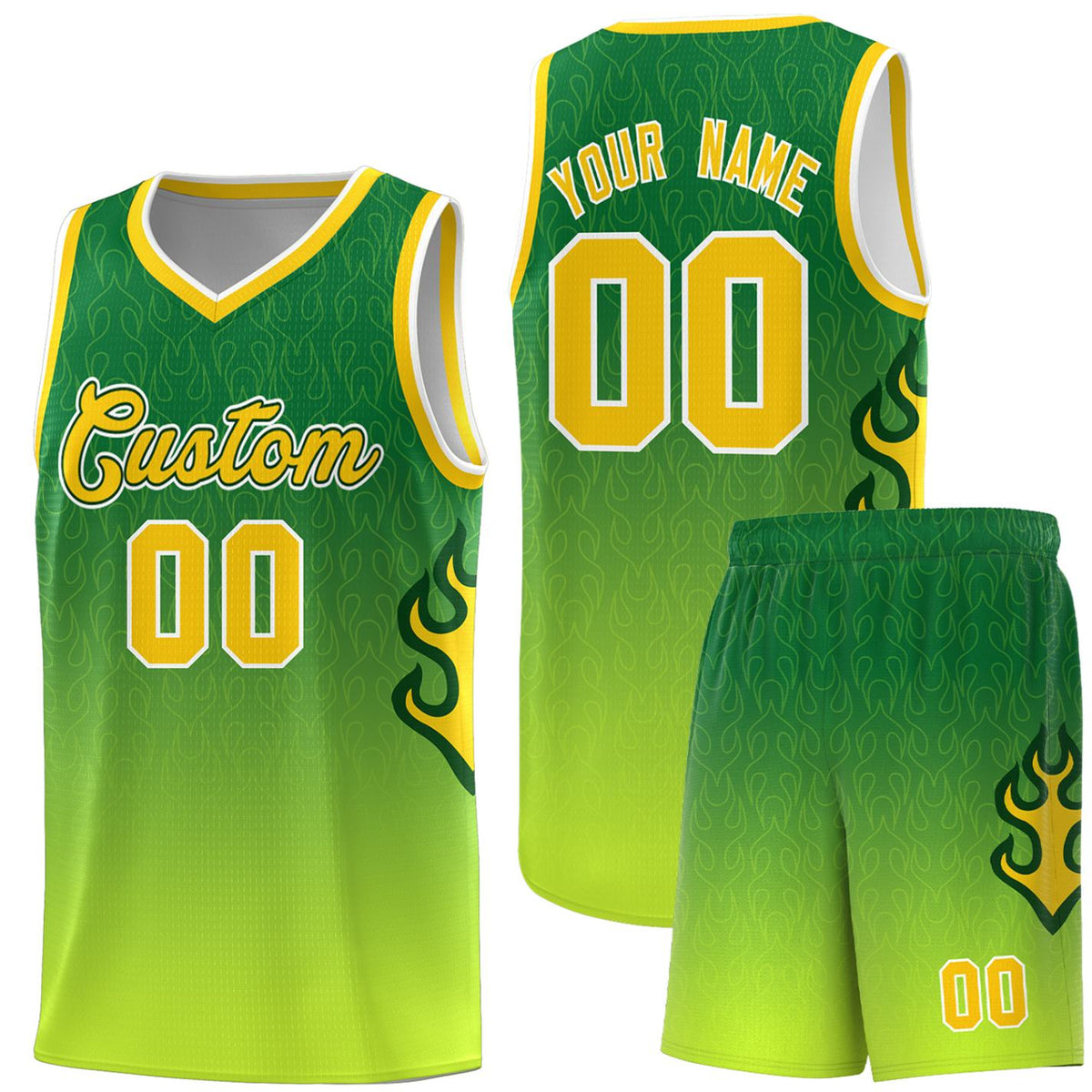 Custom Kelly Green-Neon Green-Gold Flame Gradient Fashion Sports Uniform Basketball Jersey |KXKSHOP
