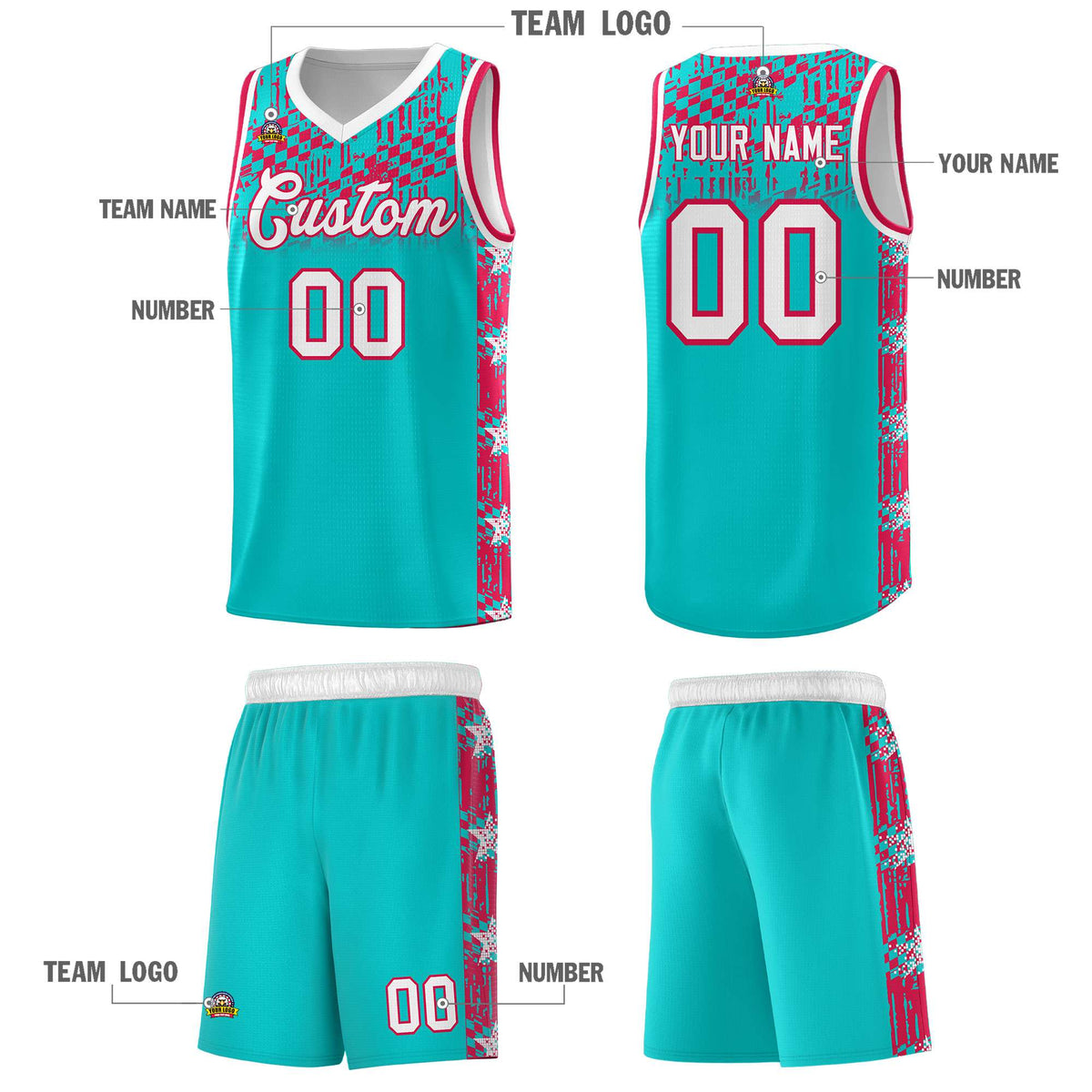 Custom Aqua Mosaic Stars Pattern Sports Uniform Basketball Jersey|KXKSHOP