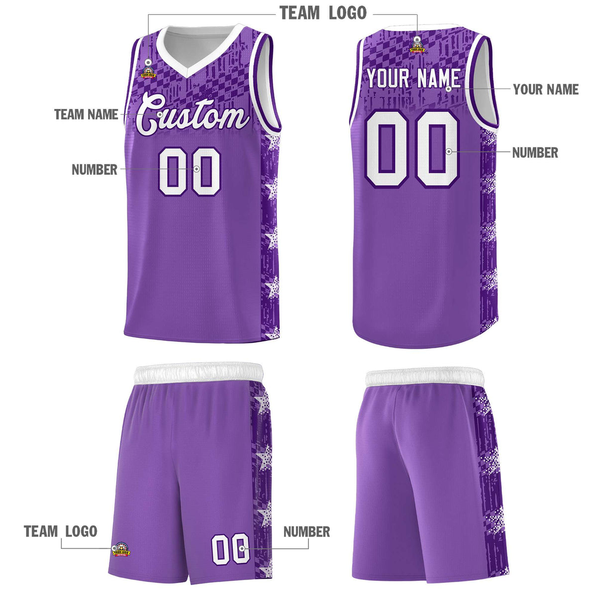 Custom Light Purple Mosaic Stars Pattern Sports Uniform Basketball Jersey|KXKSHOP