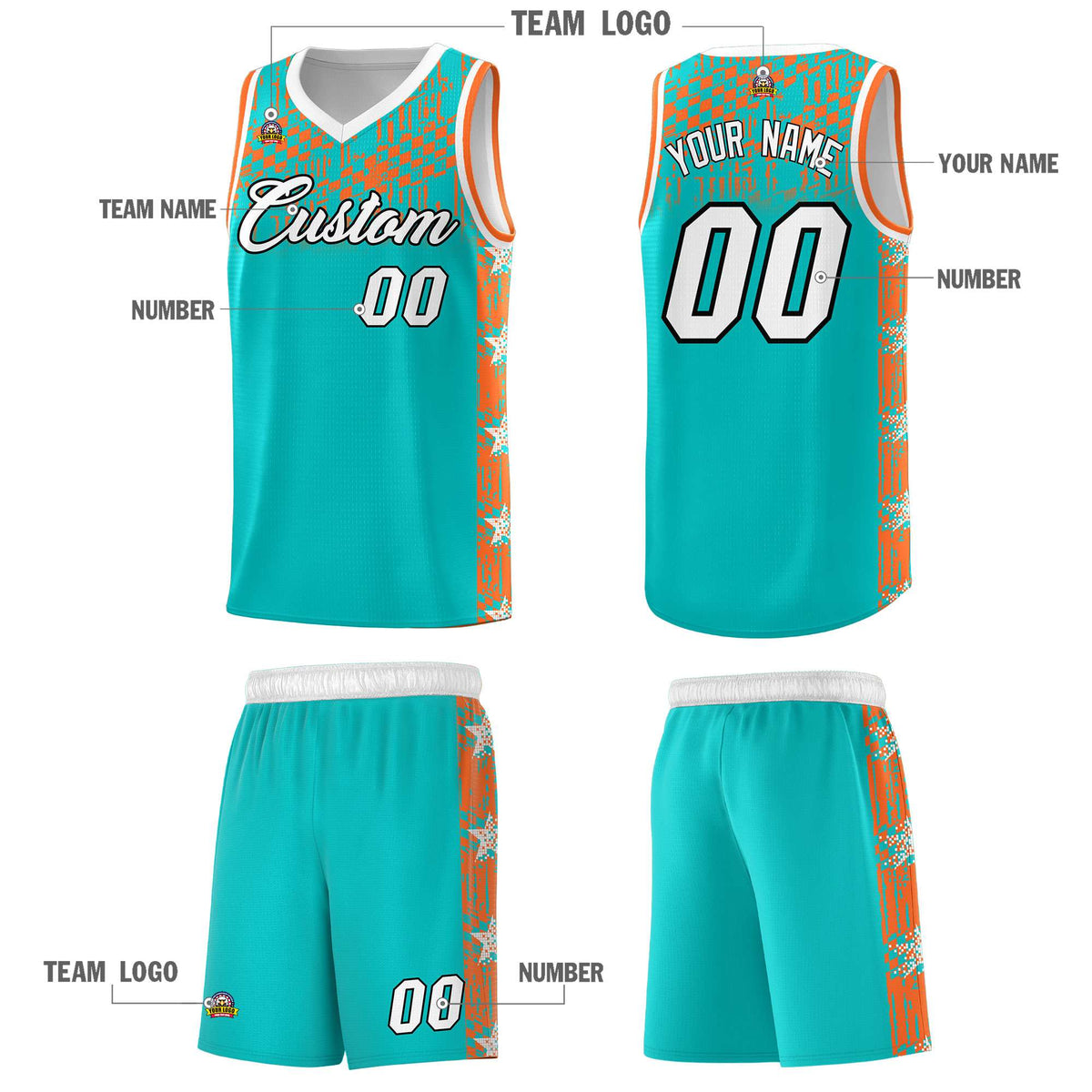 Custom Aqua Mosaic Stars Pattern Sports Uniform Basketball Jersey|KXKSHOP