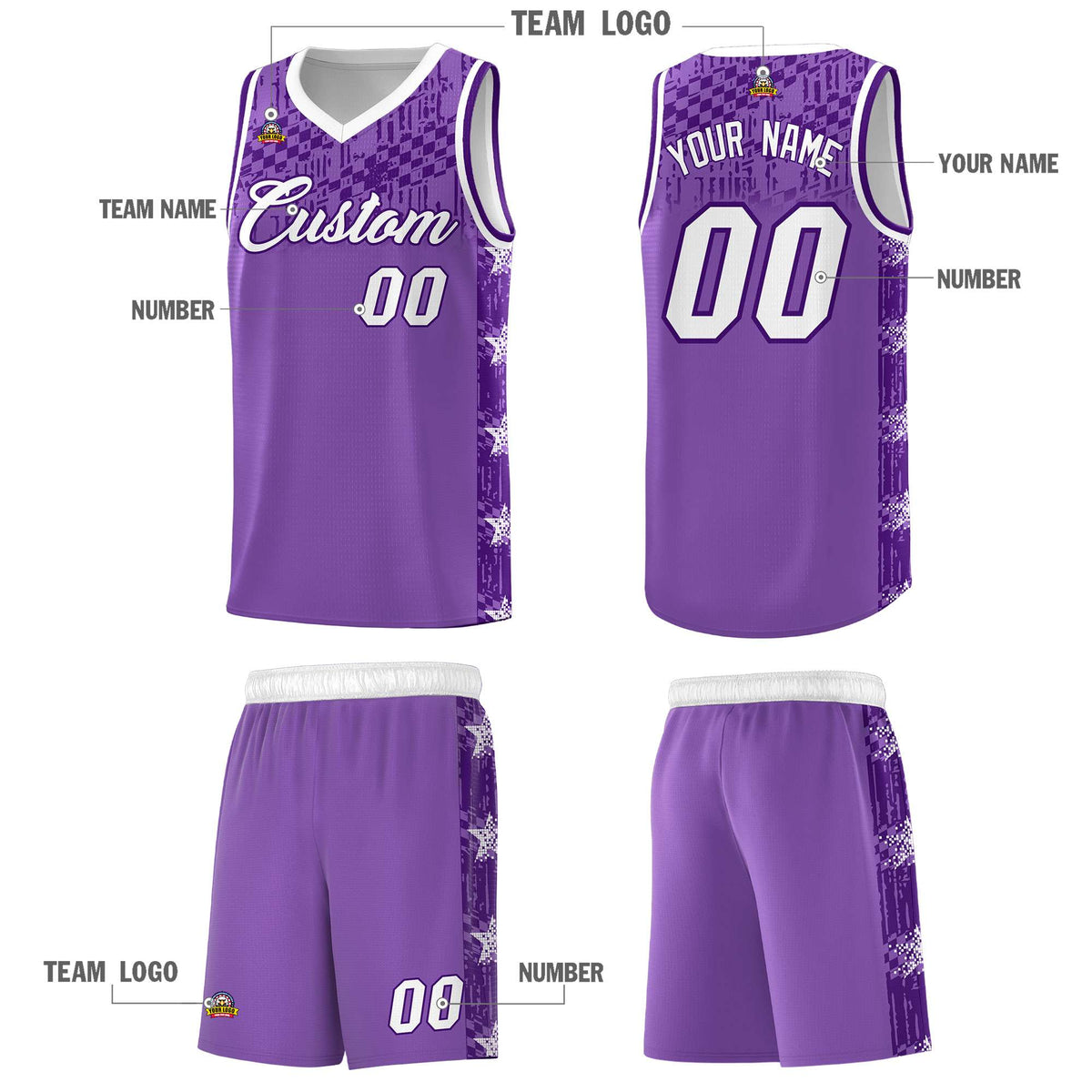 Custom Light Purple Mosaic Stars Pattern Sports Uniform Basketball Jersey|KXKSHOP