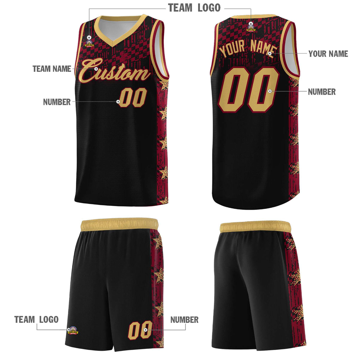 Custom Black Mosaic Stars Pattern Sports Uniform Basketball Jersey|KXKSHOP