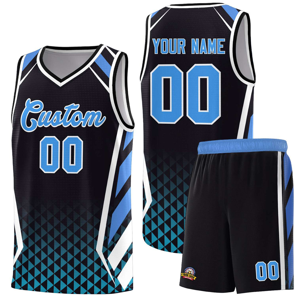 Custom Black Powder Blue Diamond Pattern Side Slash Sports Uniform Basketball Jersey |KXKSHOP