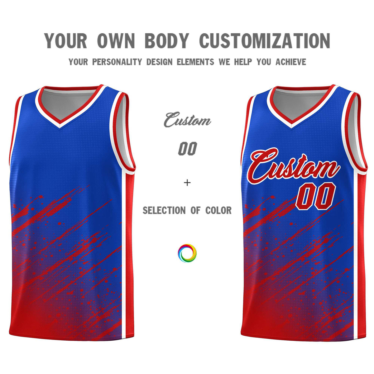 Custom Royal Basketball Kits With Red Paint Graffiti