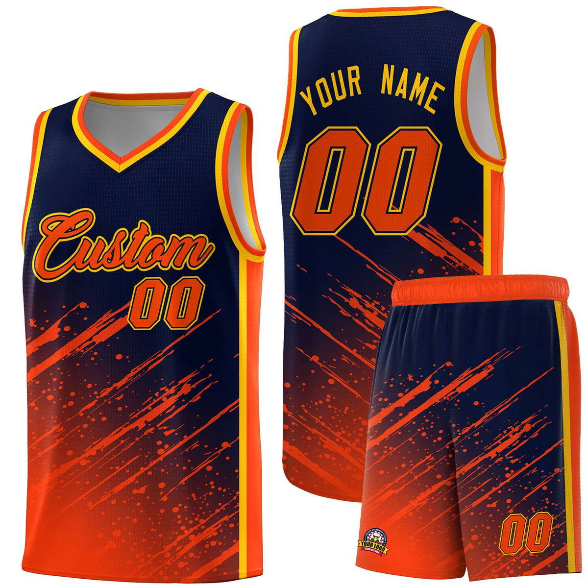 Custom Navy Basketball Kits With Orange Paint Graffiti