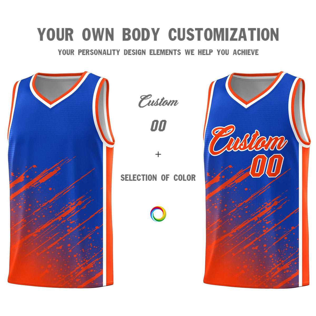 Custom Royal Basketball Kits With Orange Paint Graffiti