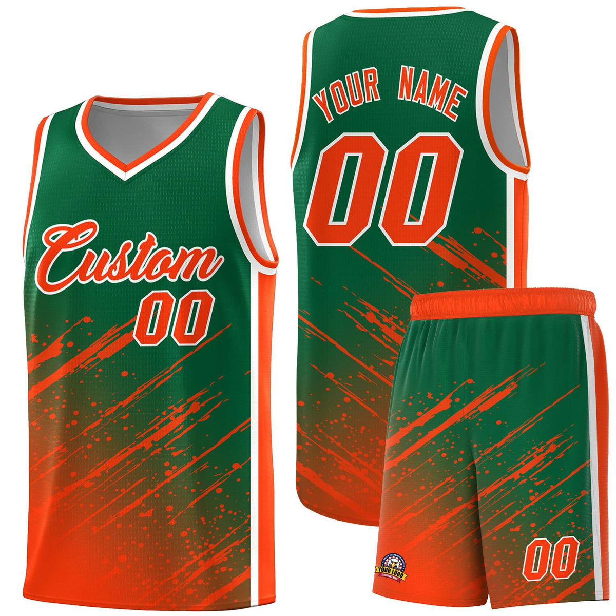 Custom Kelly Green Basketball Kits With Orange Paint Graffiti