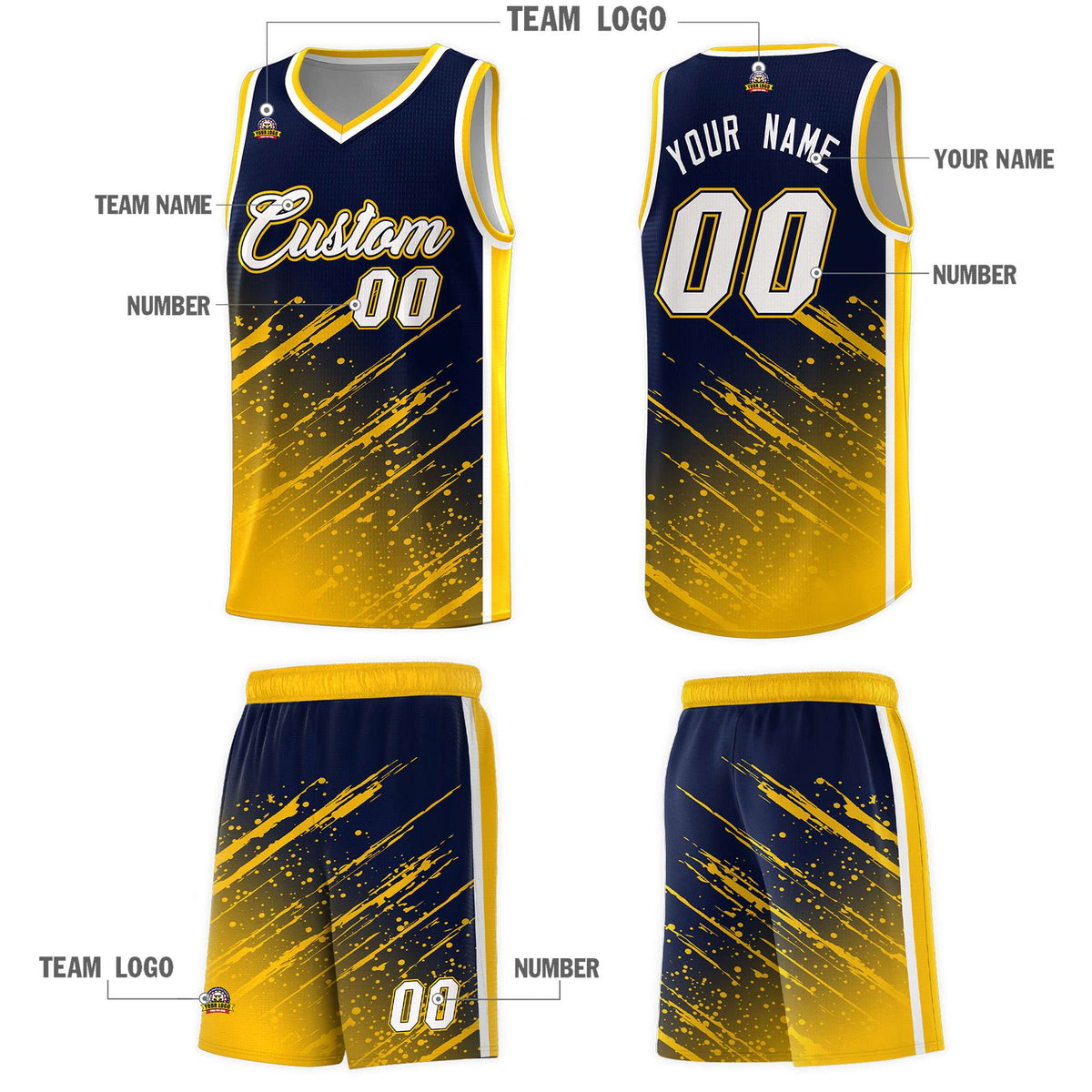 Custom Navy Basketball Kits With Yellow Paint Graffiti