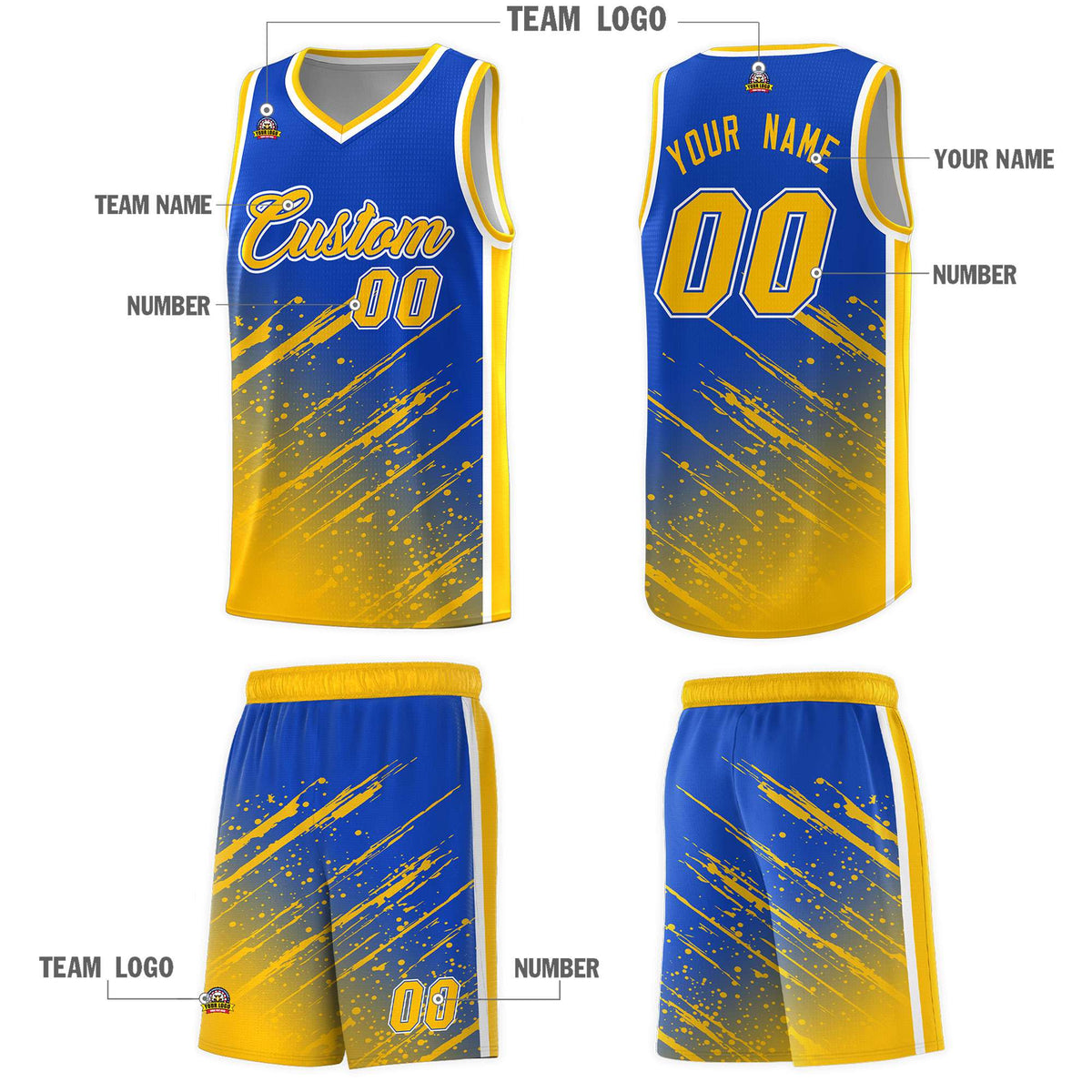 Custom Royal Basketball Kits With Yellow Paint Graffiti