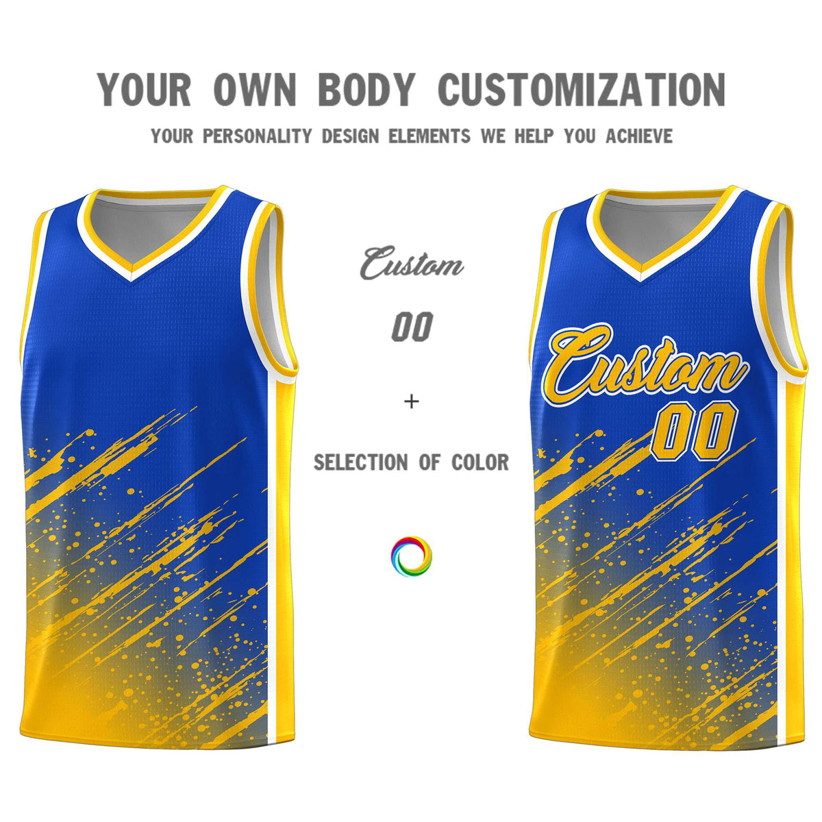 Custom Royal Basketball Kits With Yellow Paint Graffiti